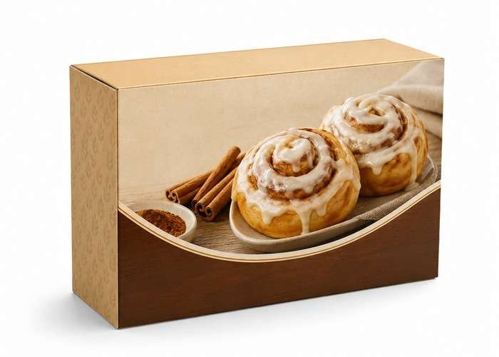 Brown bakery box featuring two iced cinnamon rolls with cinnamon sticks on a wooden surface.